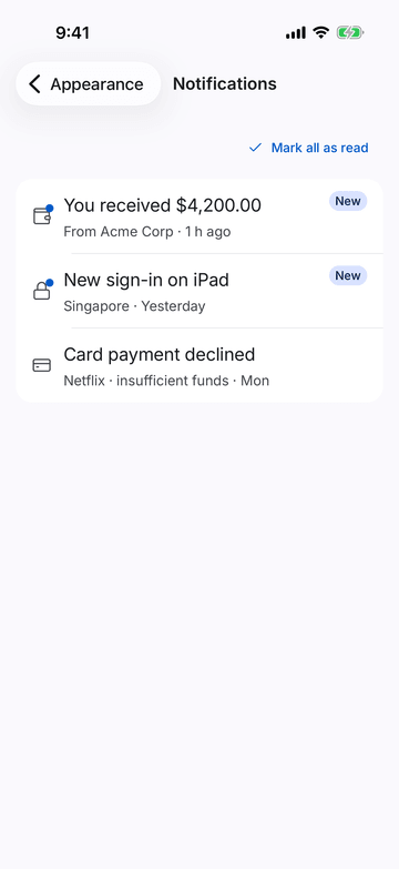 NotificationItem on iPhone (iOS simulator)